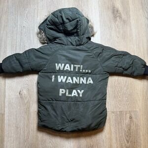 ZARA Baby Olive puffer  HOOD Jacket Long Sleeve warm "Wait I Wanna Play" 12-18mo